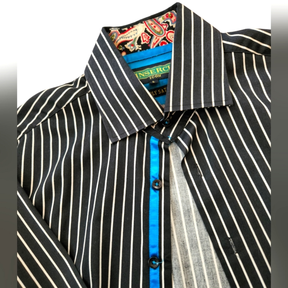 Inserch icon Black Button Up 2 ply Satin Shirt with Paisley Collar - Picture 3 of 8